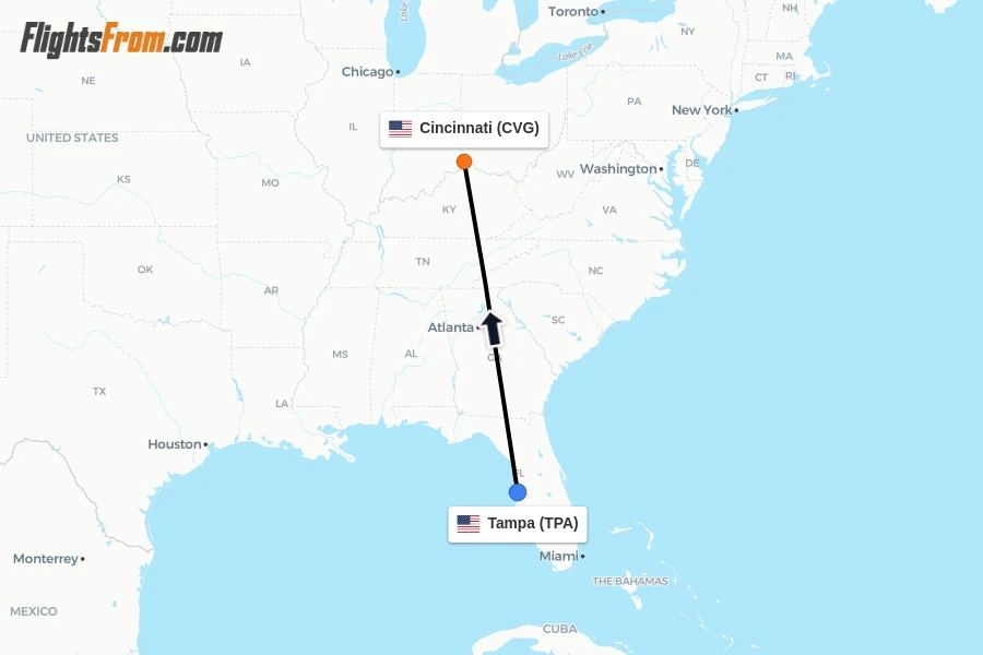Flights from Tampa to Cincinnati route map