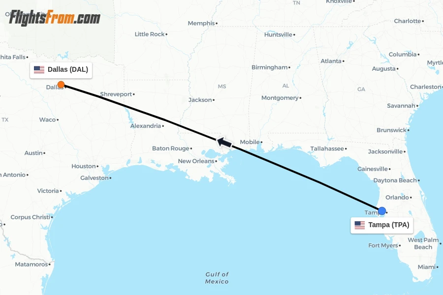 Flights from Tampa to Dallas route map
