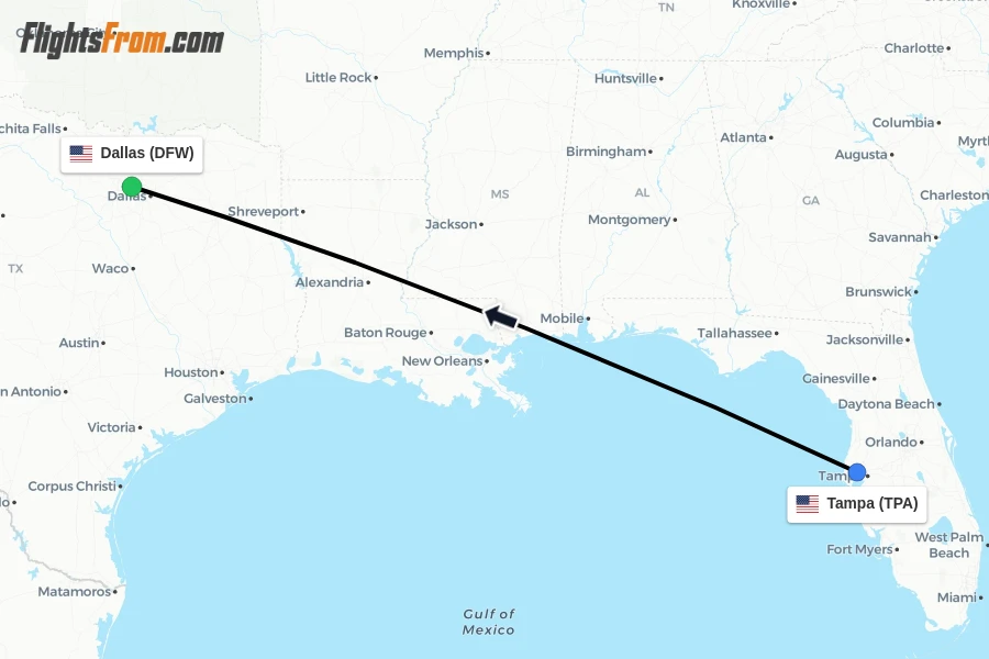 Flights from Tampa to Dallas route map
