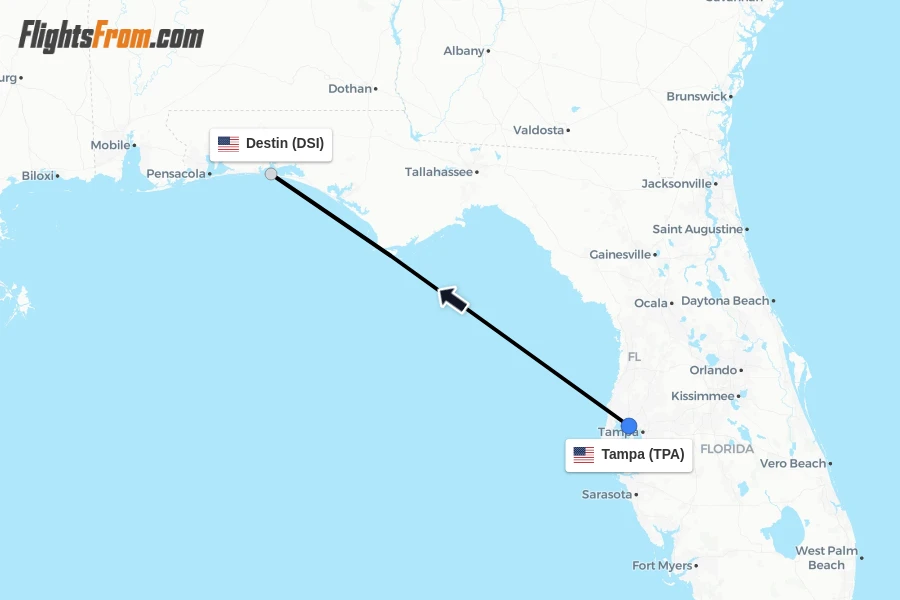 Flights from Tampa to Destin route map