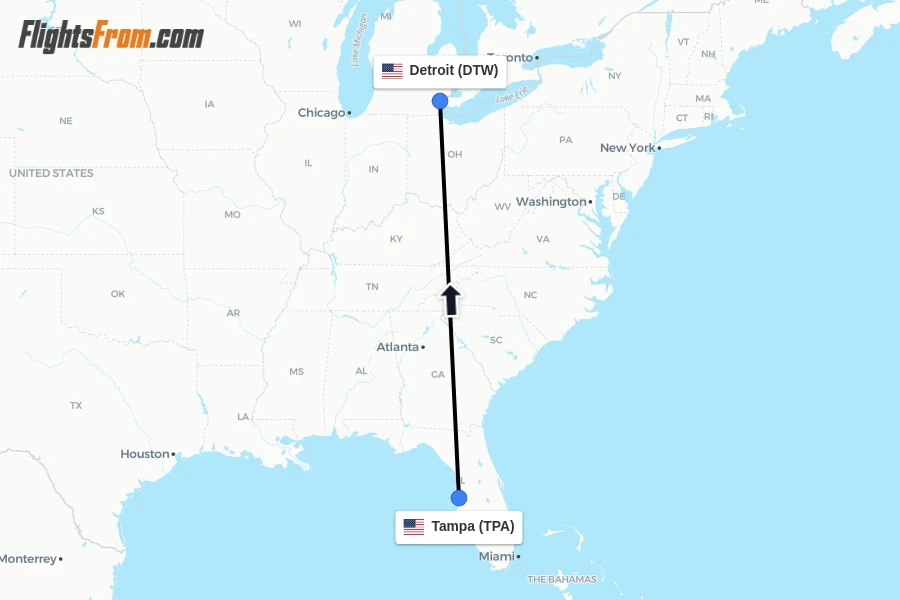 Flights from Tampa to Detroit route map