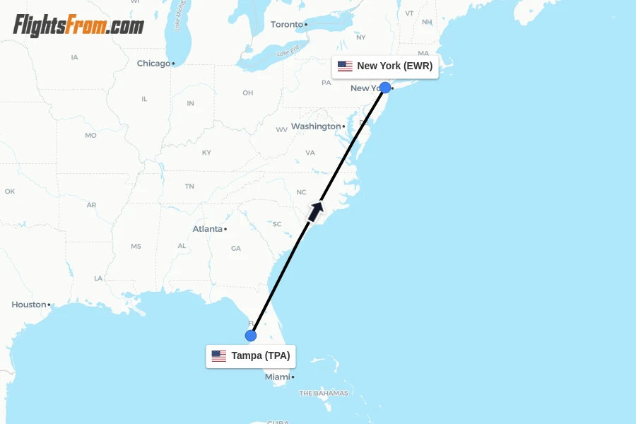 Flights from Tampa to New York route map