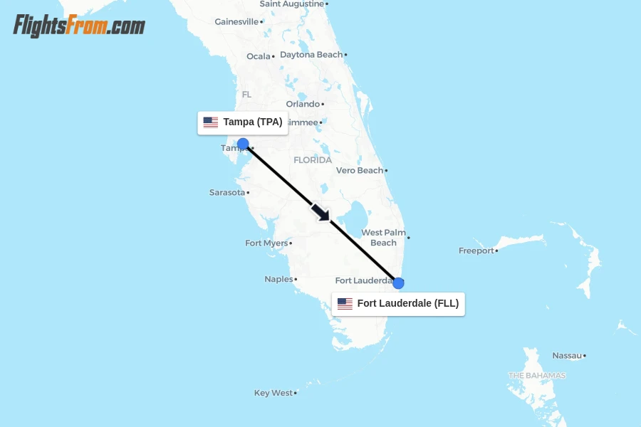 Flights from Tampa to Fort Lauderdale route map
