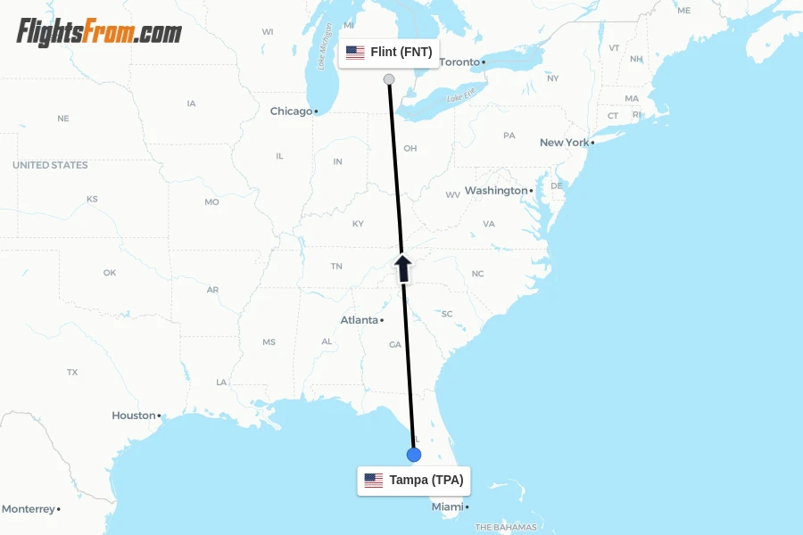 Flights from Tampa to Flint route map