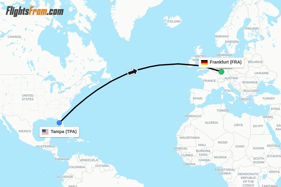 Flights from Tampa to Frankfurt route map