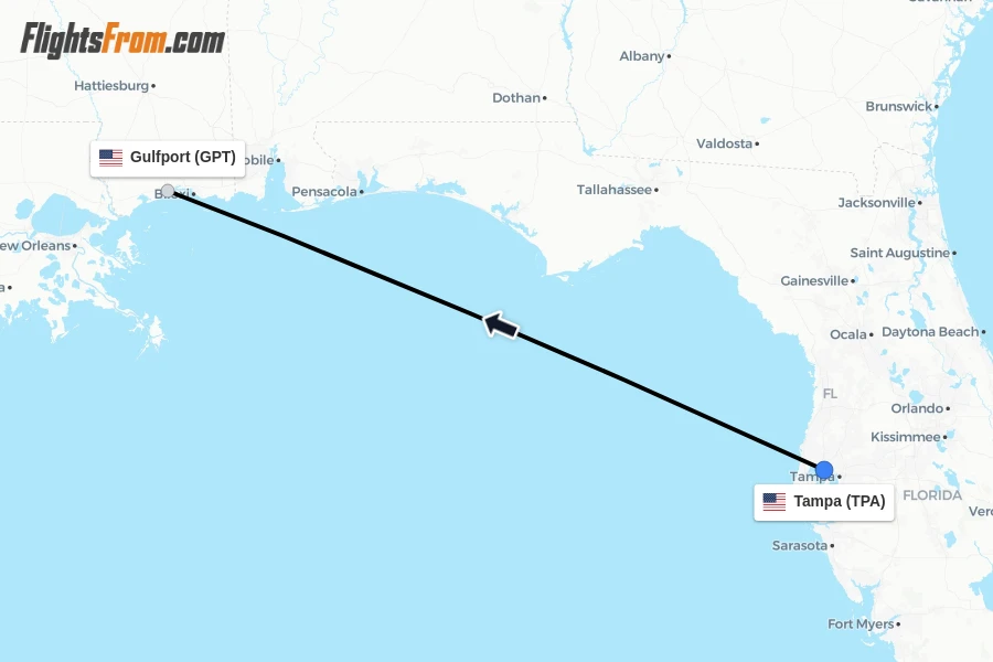Flights from Tampa to Gulfport route map