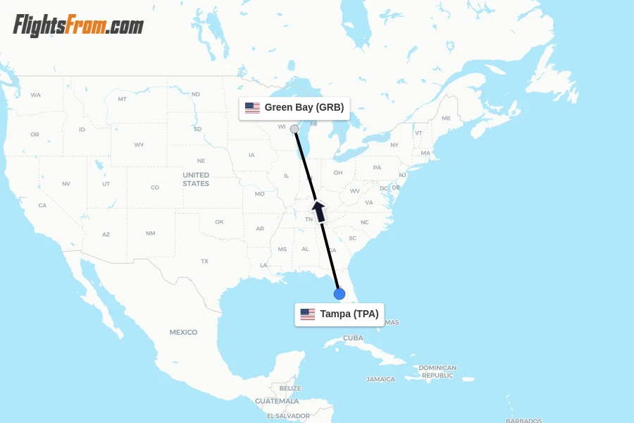 Flights from Tampa to Green Bay route map