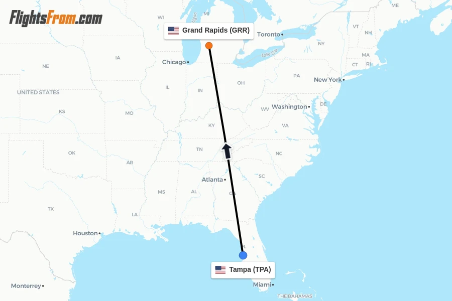 Flights from Tampa to Grand Rapids route map