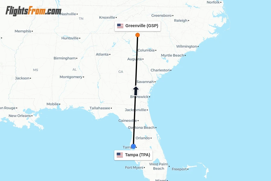 Flights from Tampa to Greenville route map