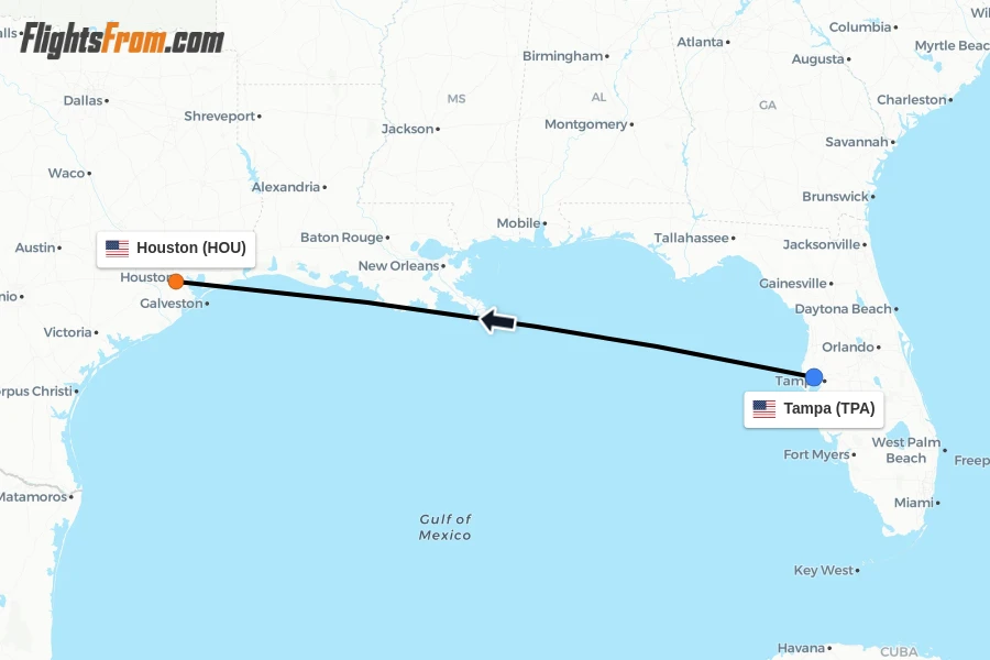 Flights from Tampa to Houston route map