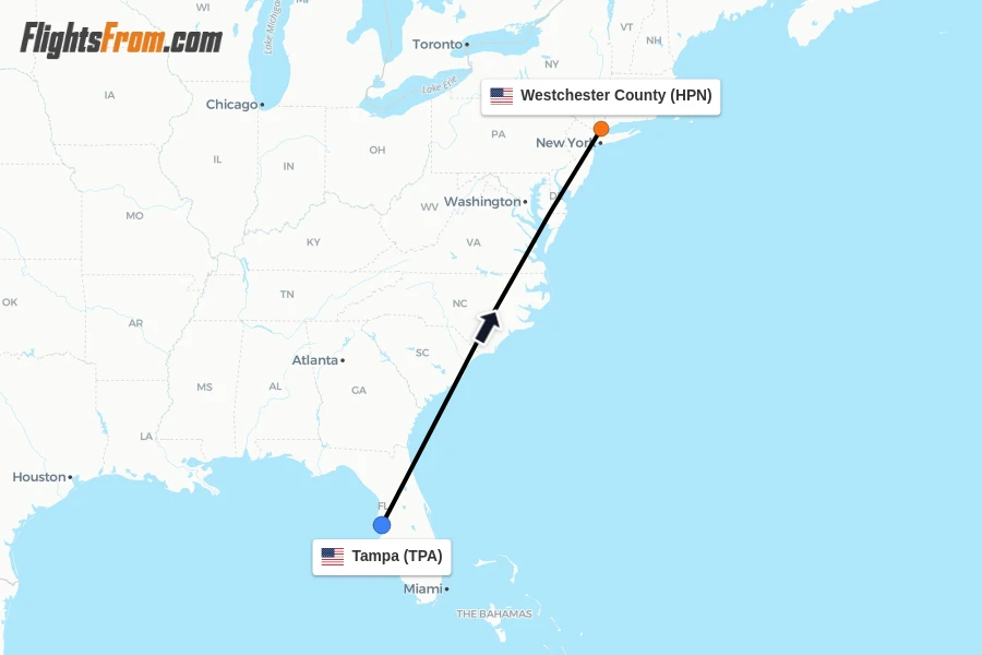 Flights from Tampa to Westchester County route map