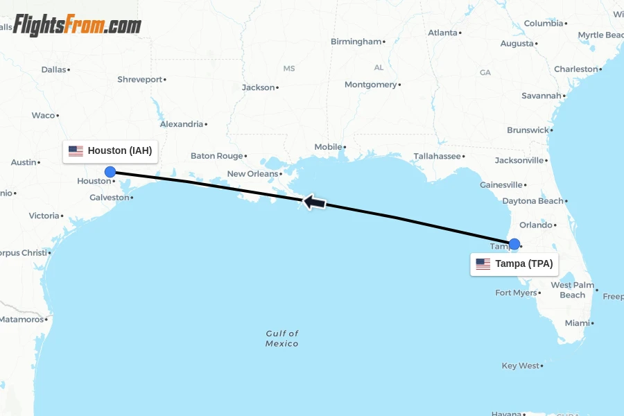 Flights from Tampa to Houston route map