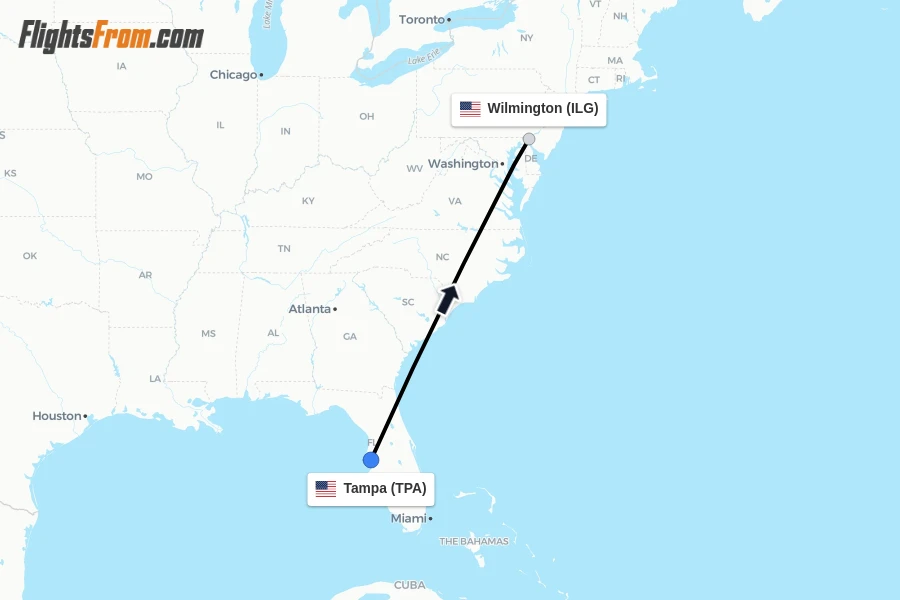 Flights from Tampa to Wilmington route map