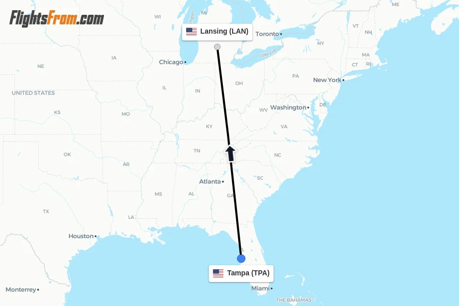 Flights from Tampa to Lansing route map