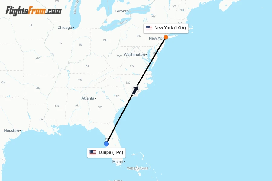 Flights from Tampa to New York route map