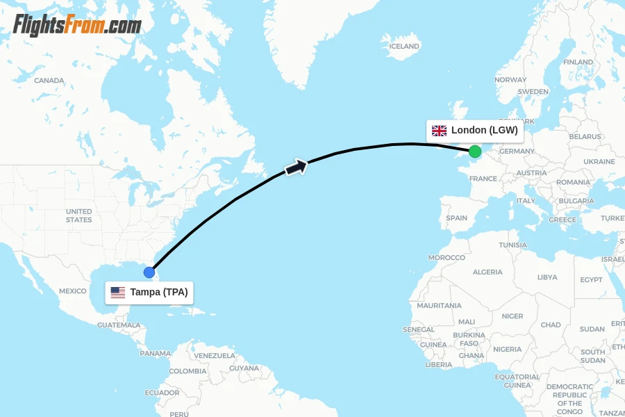 Flights from Tampa to London route map