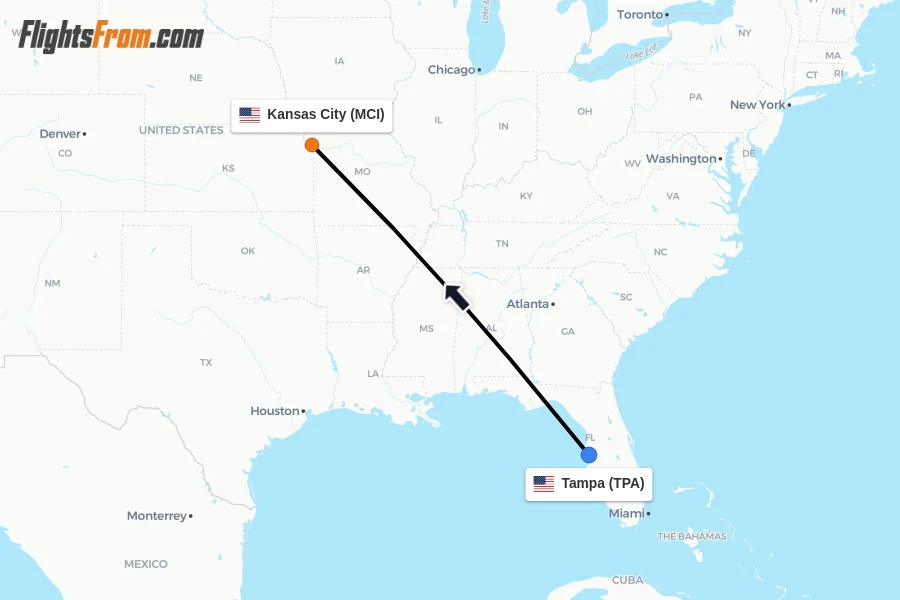 Flights from Tampa to Kansas City route map