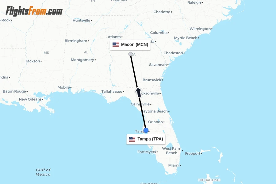 Flights from Tampa to Macon route map