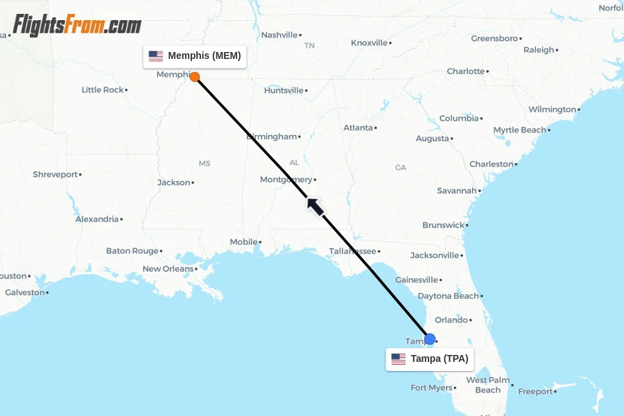 Flights from Tampa to Memphis route map