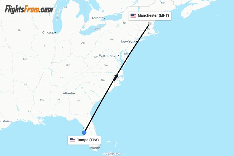 Flights from Tampa to Manchester route map