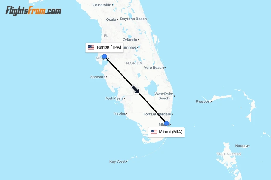 Flights from Tampa to Miami route map