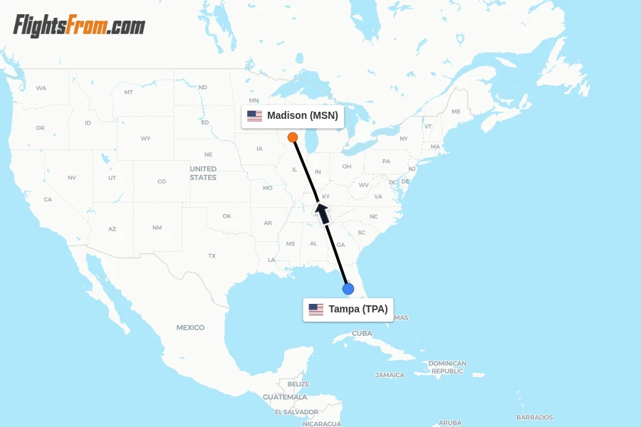 Flights from Tampa to Madison route map