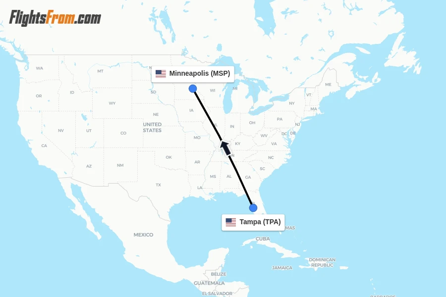 Flights from Tampa to Minneapolis route map