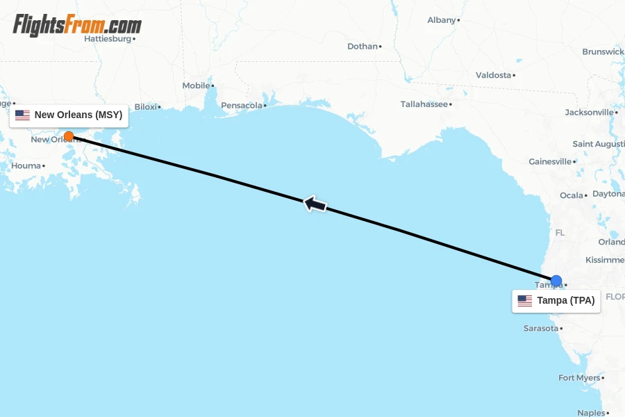 Flights from Tampa to New Orleans route map