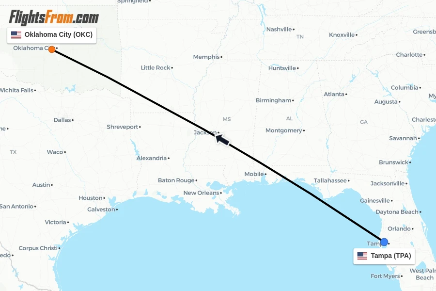 Flights from Tampa to Oklahoma City route map