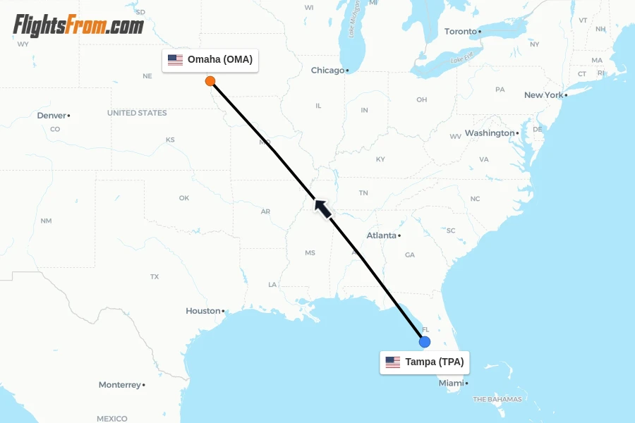 Flights from Tampa to Omaha route map