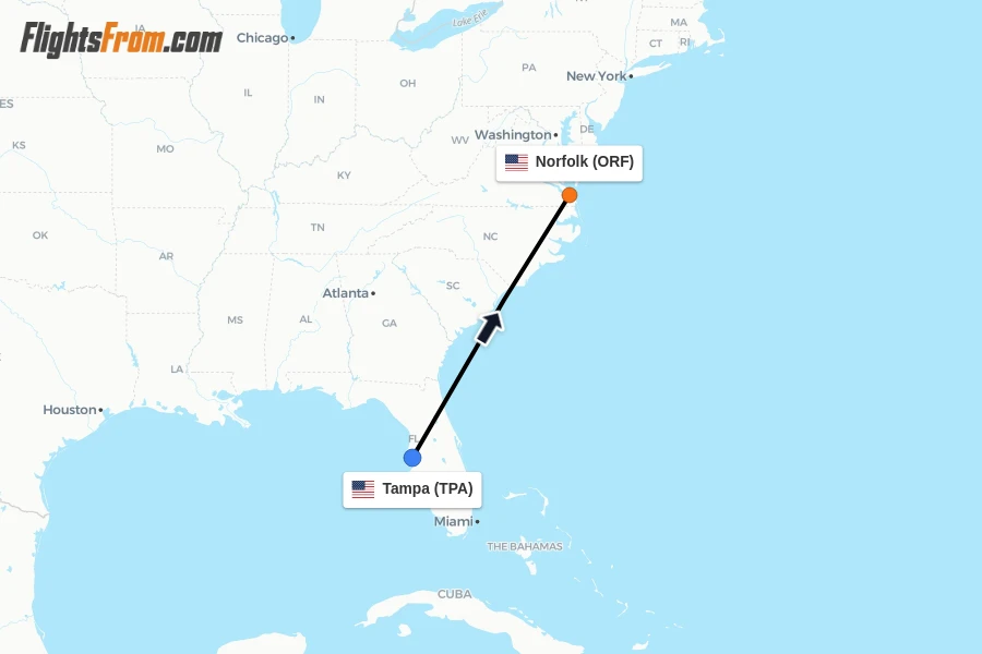 Flights from Tampa to Norfolk route map