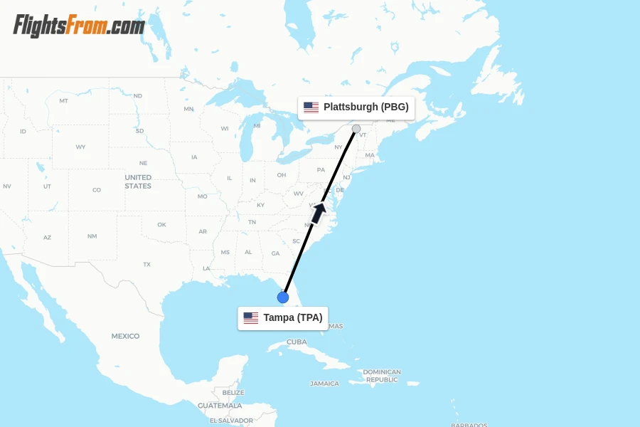 Flights from Tampa to Plattsburgh route map