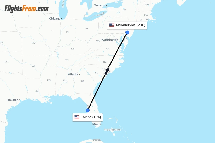 Flights from Tampa to Philadelphia route map