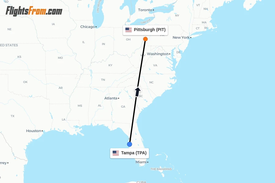 Flights from Tampa to Pittsburgh route map