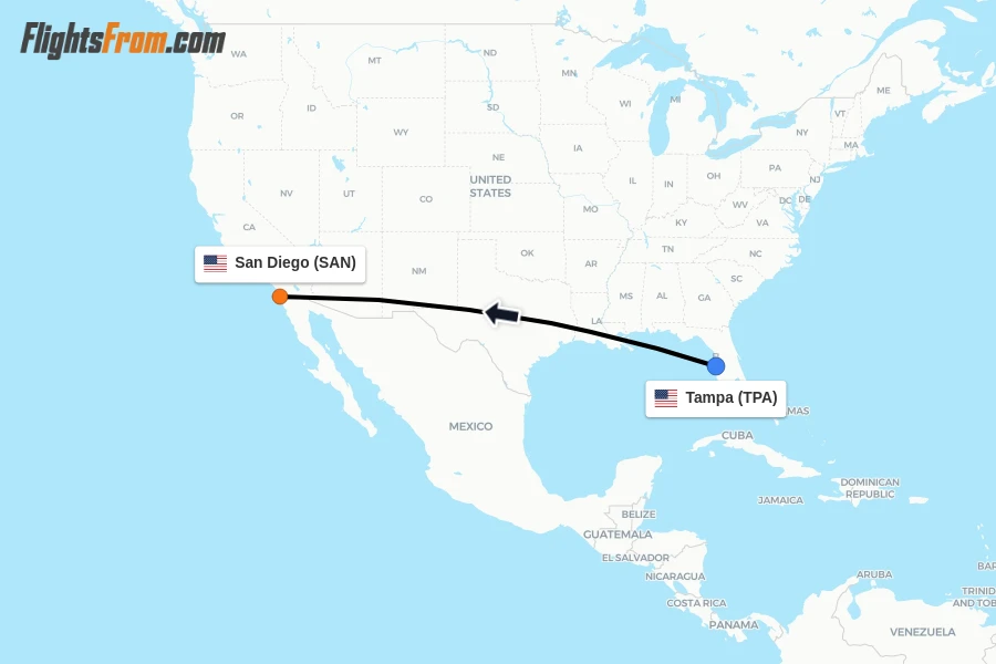 Flights from Tampa to San Diego route map