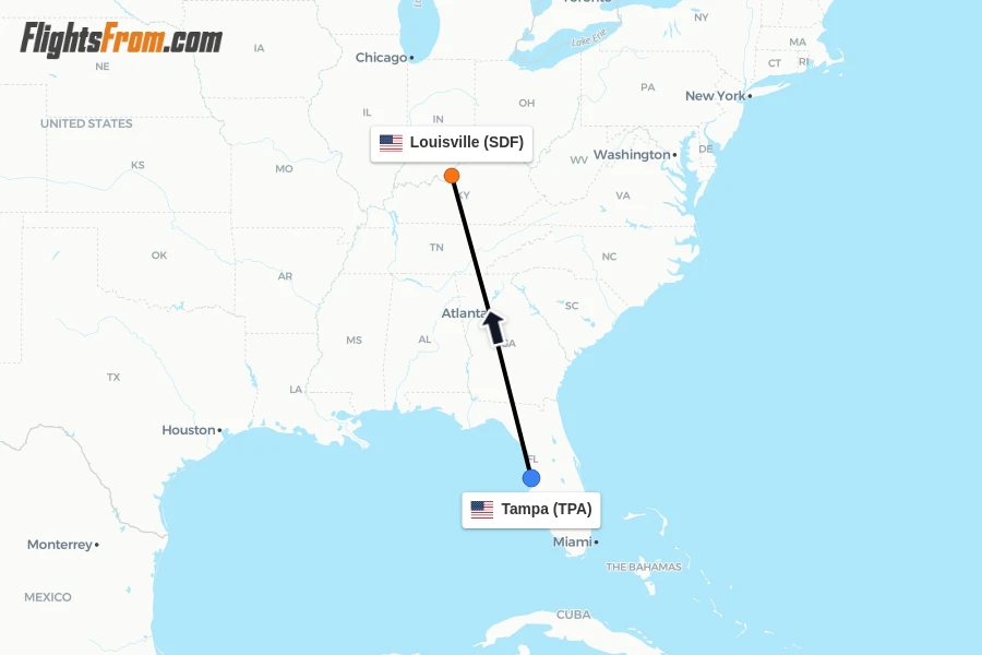 Flights from Tampa to Louisville route map