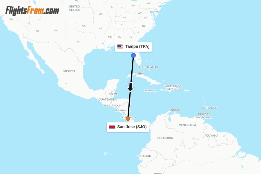 Flights from Tampa to San Jose route map
