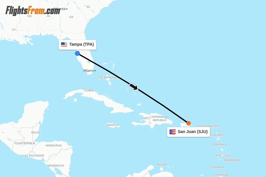 Flights from Tampa to San Juan route map