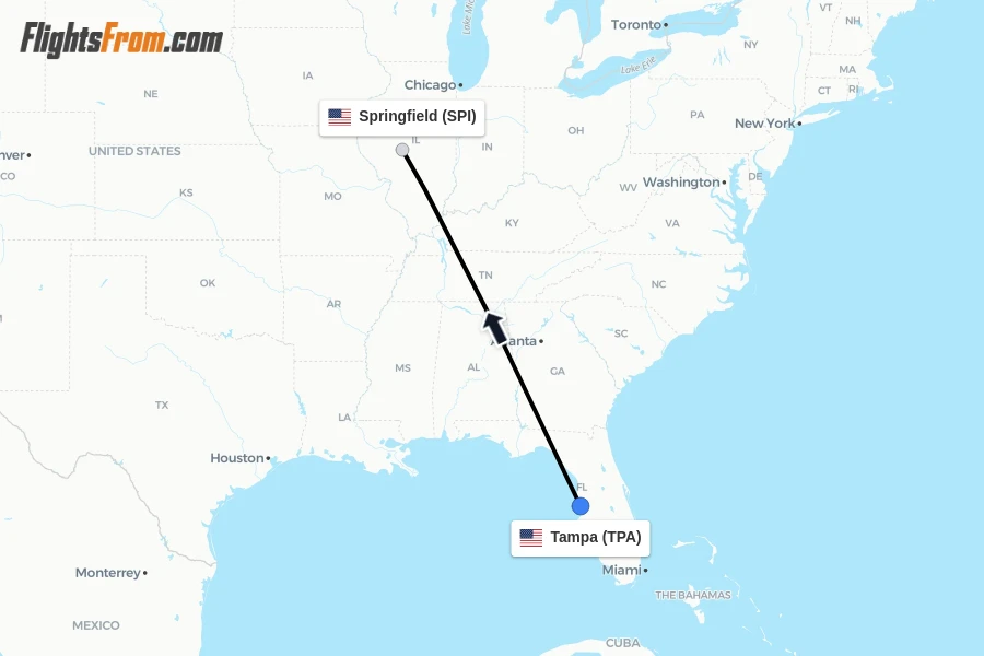 Flights from Tampa to Springfield route map