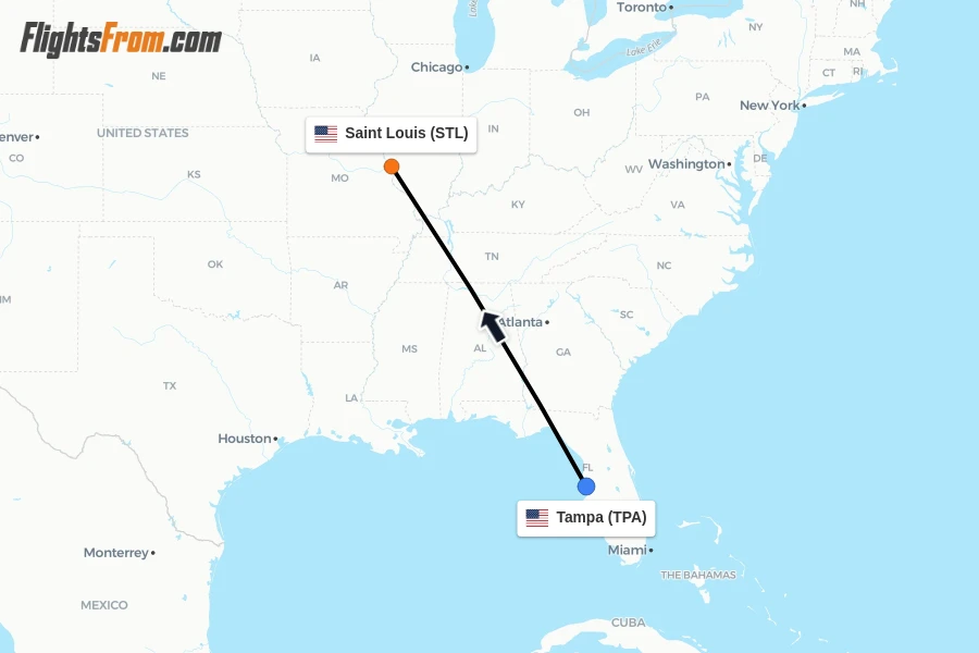 Flights from Tampa to Saint Louis route map