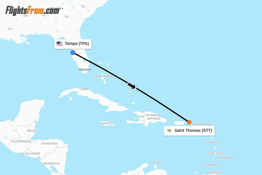 Flights from Tampa to Saint Thomas route map