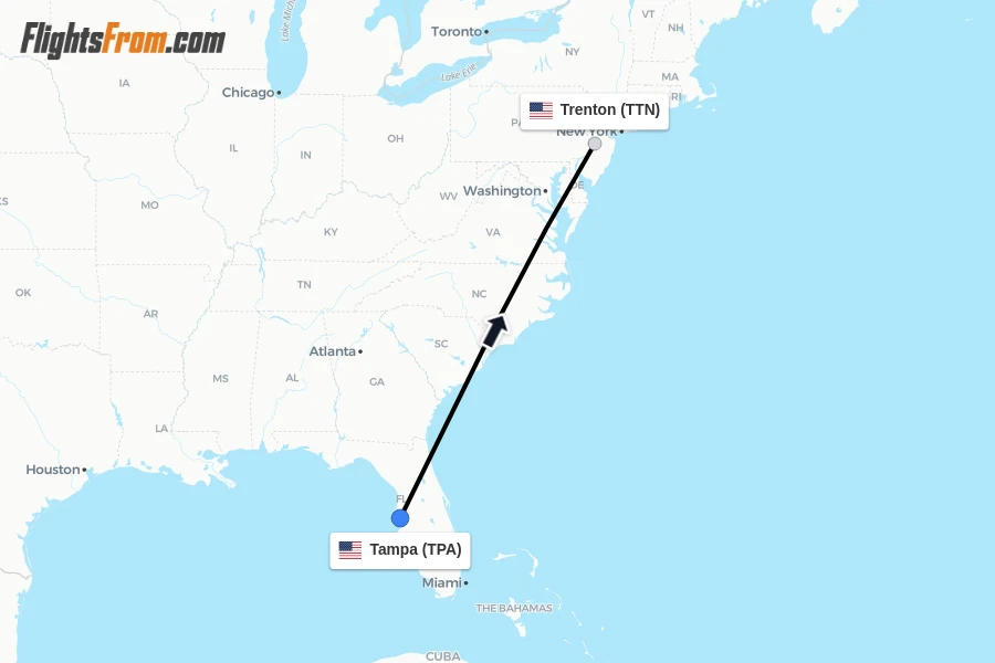 Flights from Tampa to Trenton route map