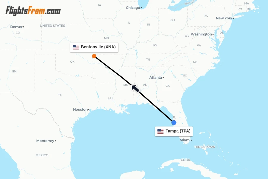 Flights from Tampa to Bentonville route map