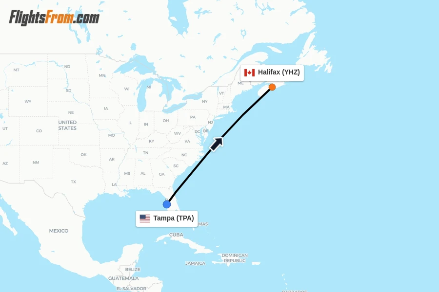 Flights from Tampa to Halifax route map