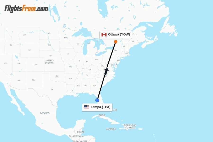 Flights from Tampa to Ottawa route map
