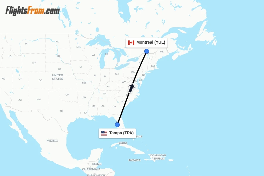 Flights from Tampa to Montreal route map