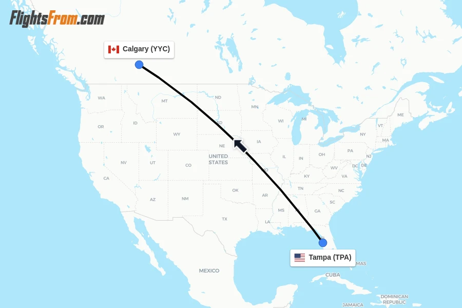 Flights from Tampa to Calgary route map