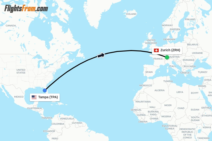 Flights from Tampa to Zurich route map