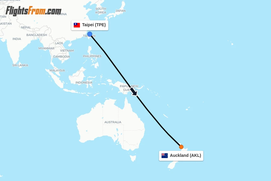 Flights from Taipei to Auckland route map