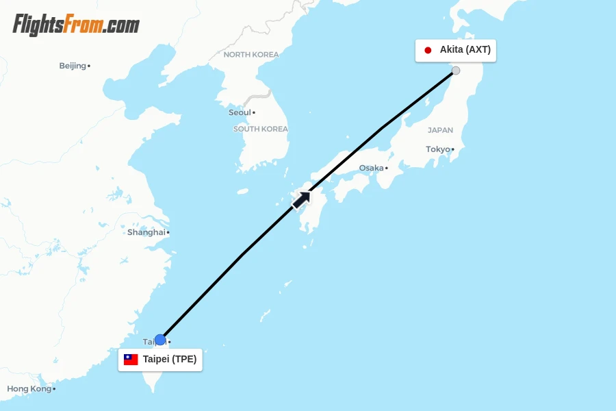 Flights from Taipei to Akita route map